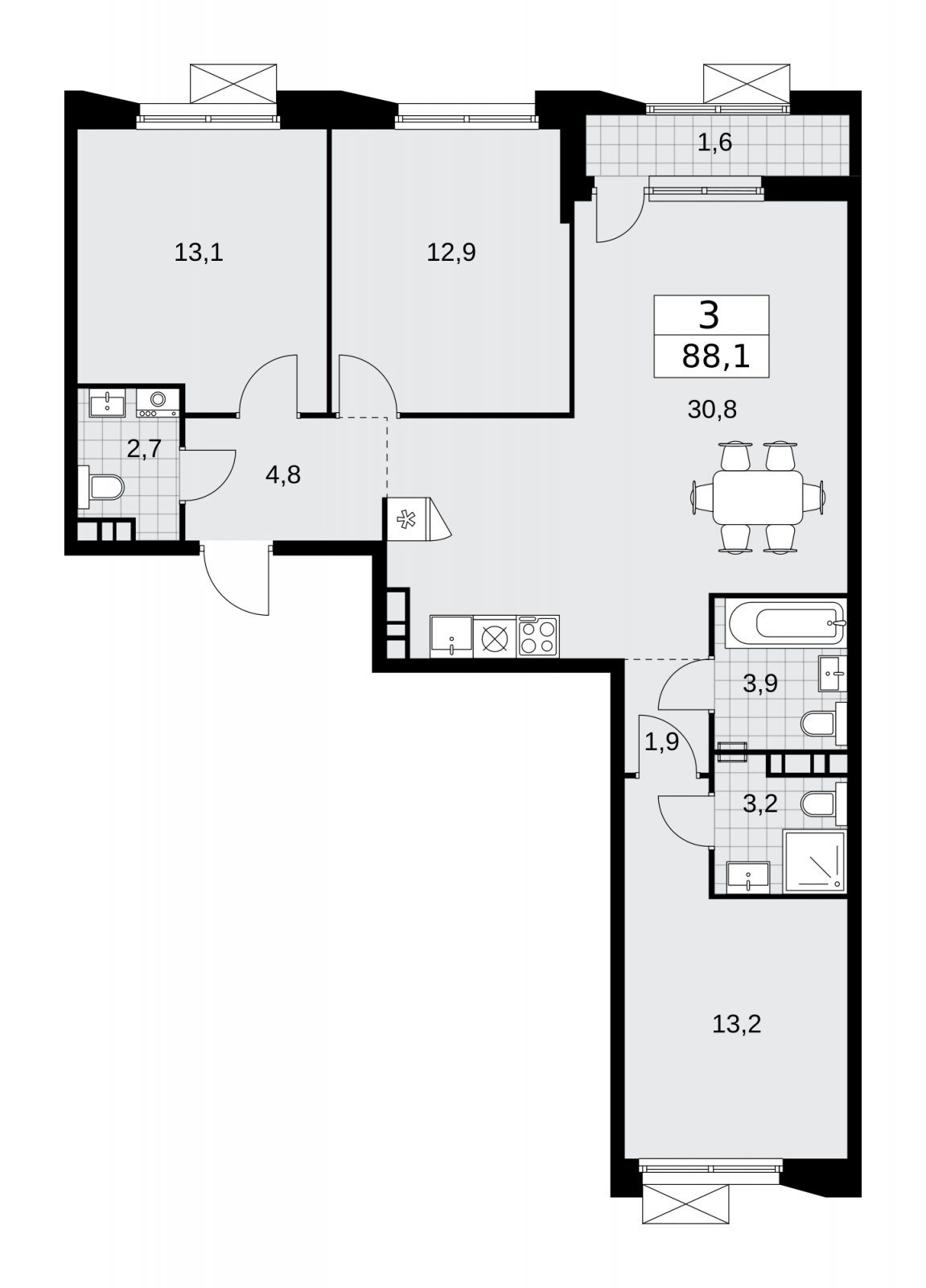 3-комнатная квартира без отделки, 88.1 м2, 6 этаж, сдача 4 квартал 2025 г., ЖК Бунинские кварталы, корпус 6.6 - объявление 2252922 - фото №1