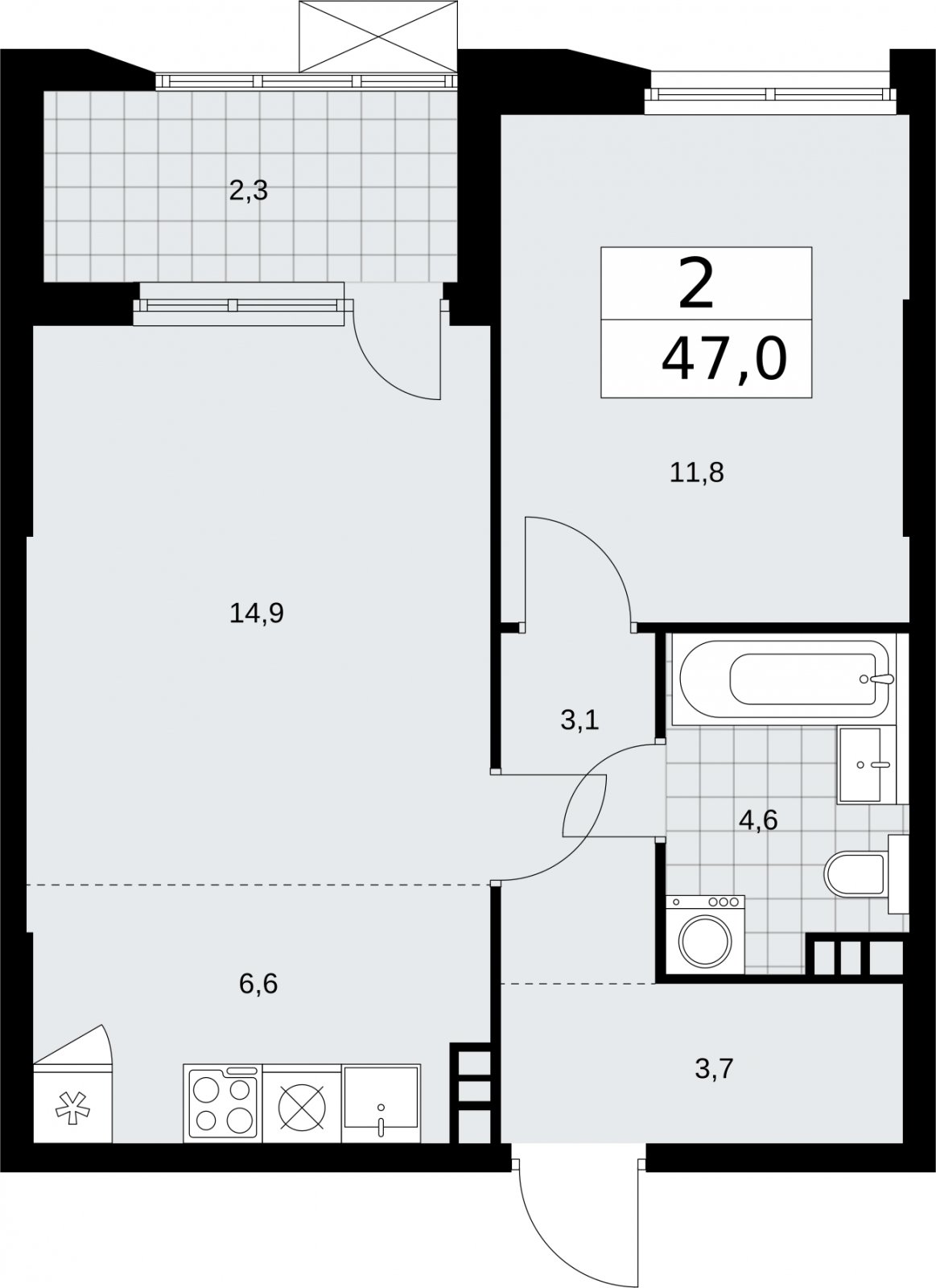 2-комнатная квартира (евро) без отделки, 47 м2, 5 этаж, сдача 2 квартал 2026 г., ЖК Бунинские кварталы, корпус 5.2 - объявление 2297335 - фото №1