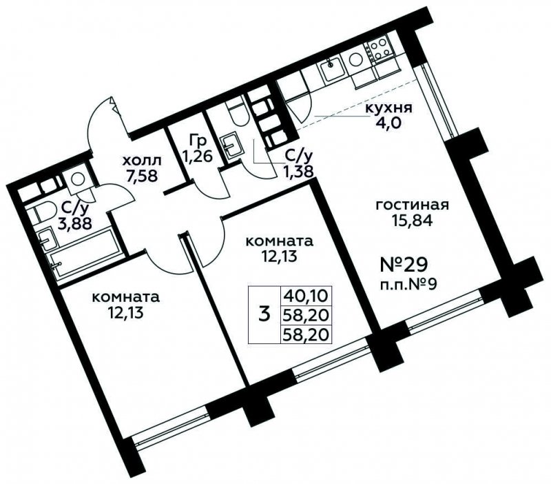 3-комнатная квартира (евро) с полной отделкой, 58.2 м2, 4 этаж, сдача 3 квартал 2024 г., ЖК МелисСад, корпус 1 - объявление 1821691 - фото №1