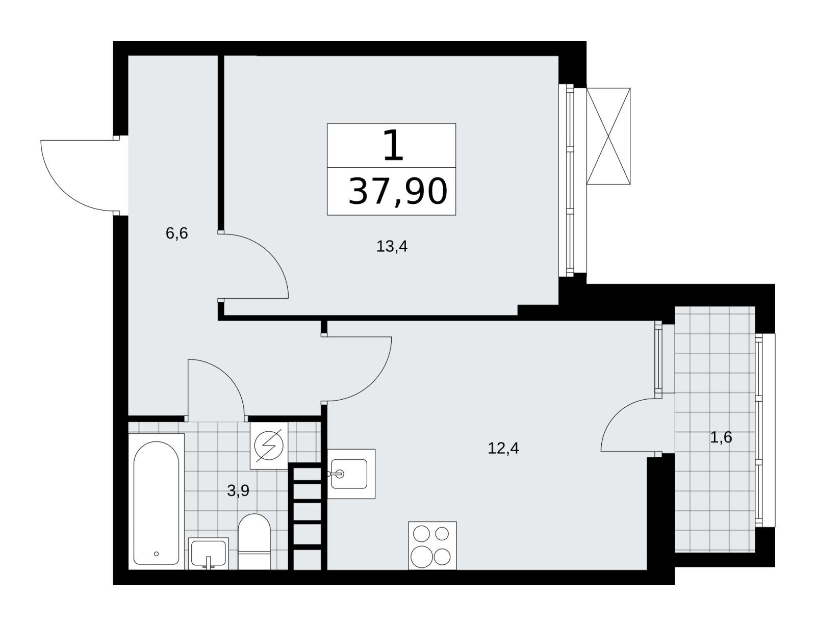 1-комнатная квартира без отделки, 37.9 м2, 4 этаж, сдача 3 квартал 2025 г., ЖК Бунинские кварталы, корпус 3.2 - объявление 2151830 - фото №1