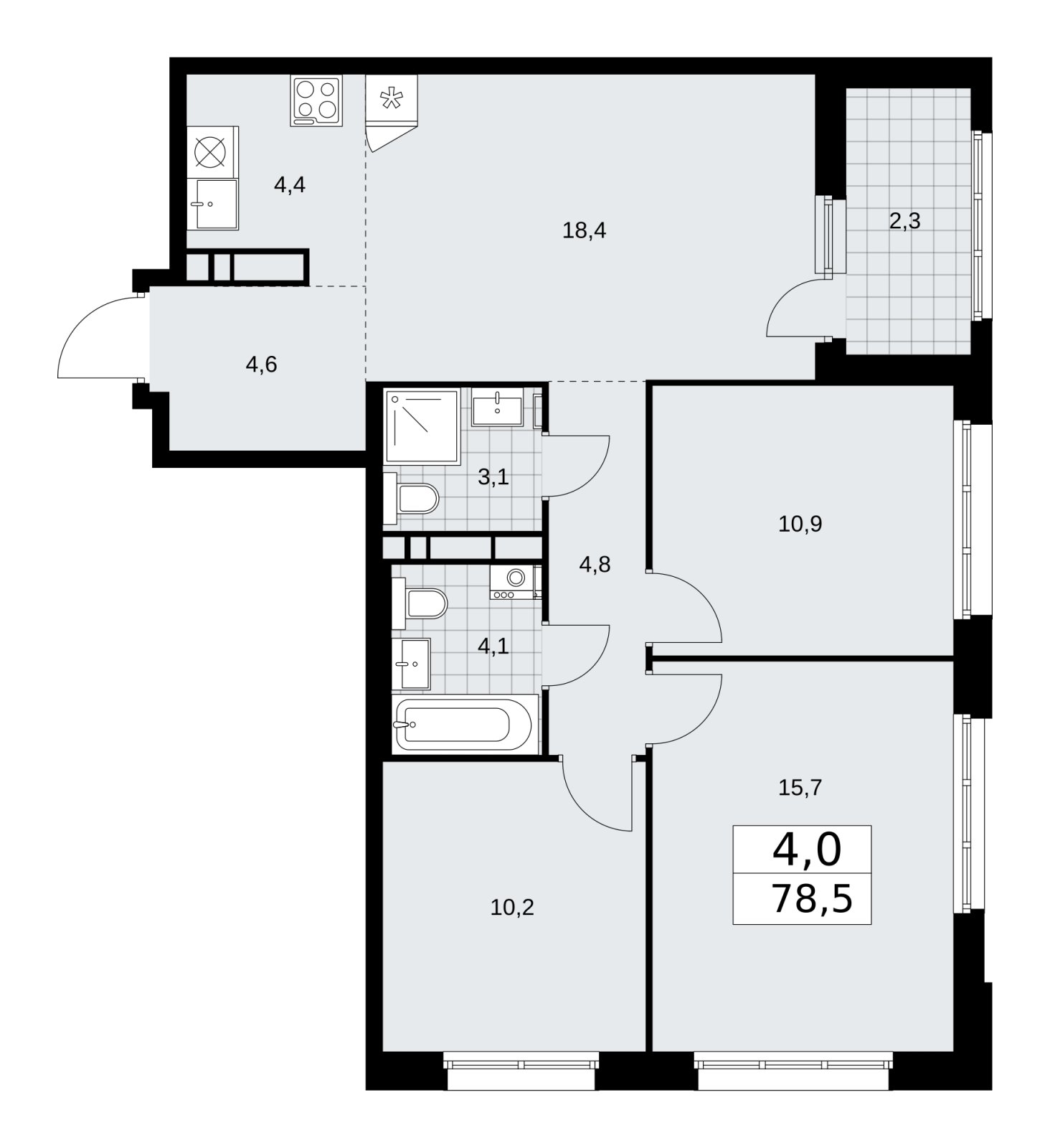 4-комнатная квартира (евро) с частичной отделкой, 78.5 м2, 13 этаж, сдача 2 квартал 2026 г., ЖК Дзен-кварталы, корпус 3.5 - объявление 2242525 - фото №1