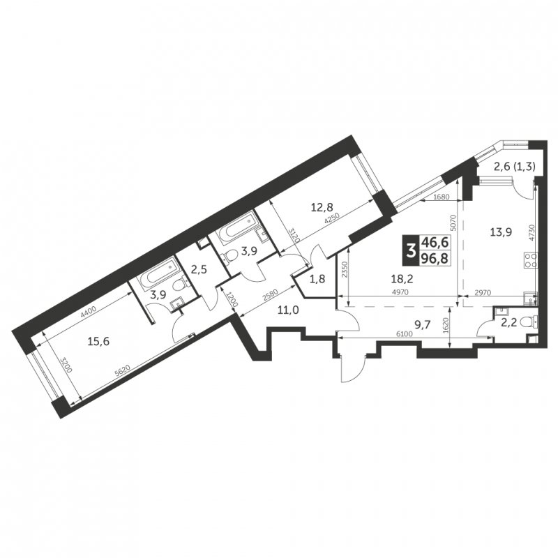 3-комнатная квартира с частичной отделкой, 96.8 м2, 16 этаж, сдача 4 квартал 2023 г., ЖК Архитектор, корпус 3 - объявление 1566070 - фото №1