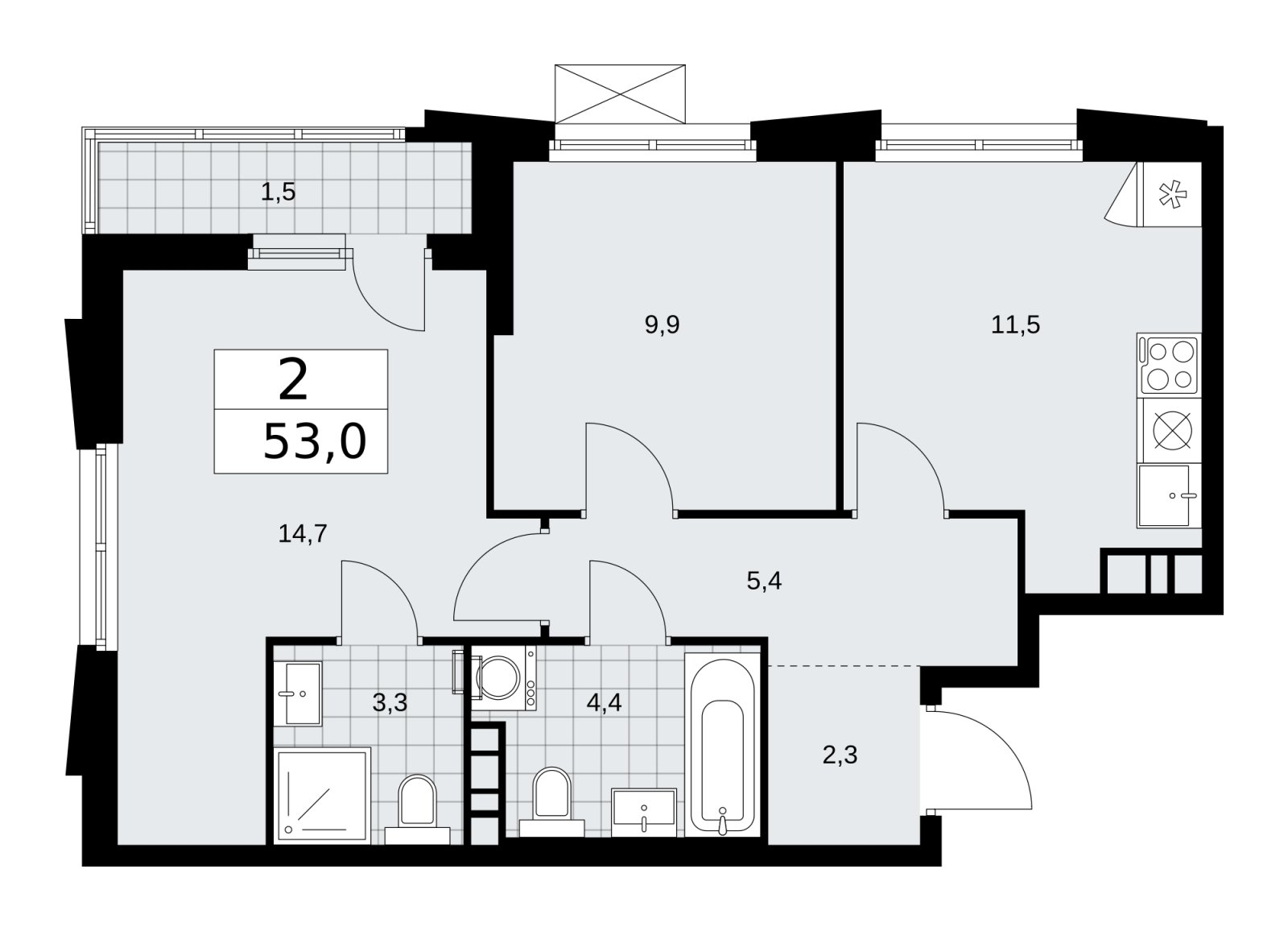 2-комнатная квартира с частичной отделкой, 53 м2, 15 этаж, сдача 1 квартал 2026 г., ЖК Прокшино, корпус 11.1.2 - объявление 2257324 - фото №1
