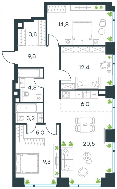 4-комнатная квартира без отделки, 90.1 м2, 37 этаж, сдача 4 квартал 2024 г., ЖК Level Мичуринский, корпус 4 - объявление 1697249 - фото №1