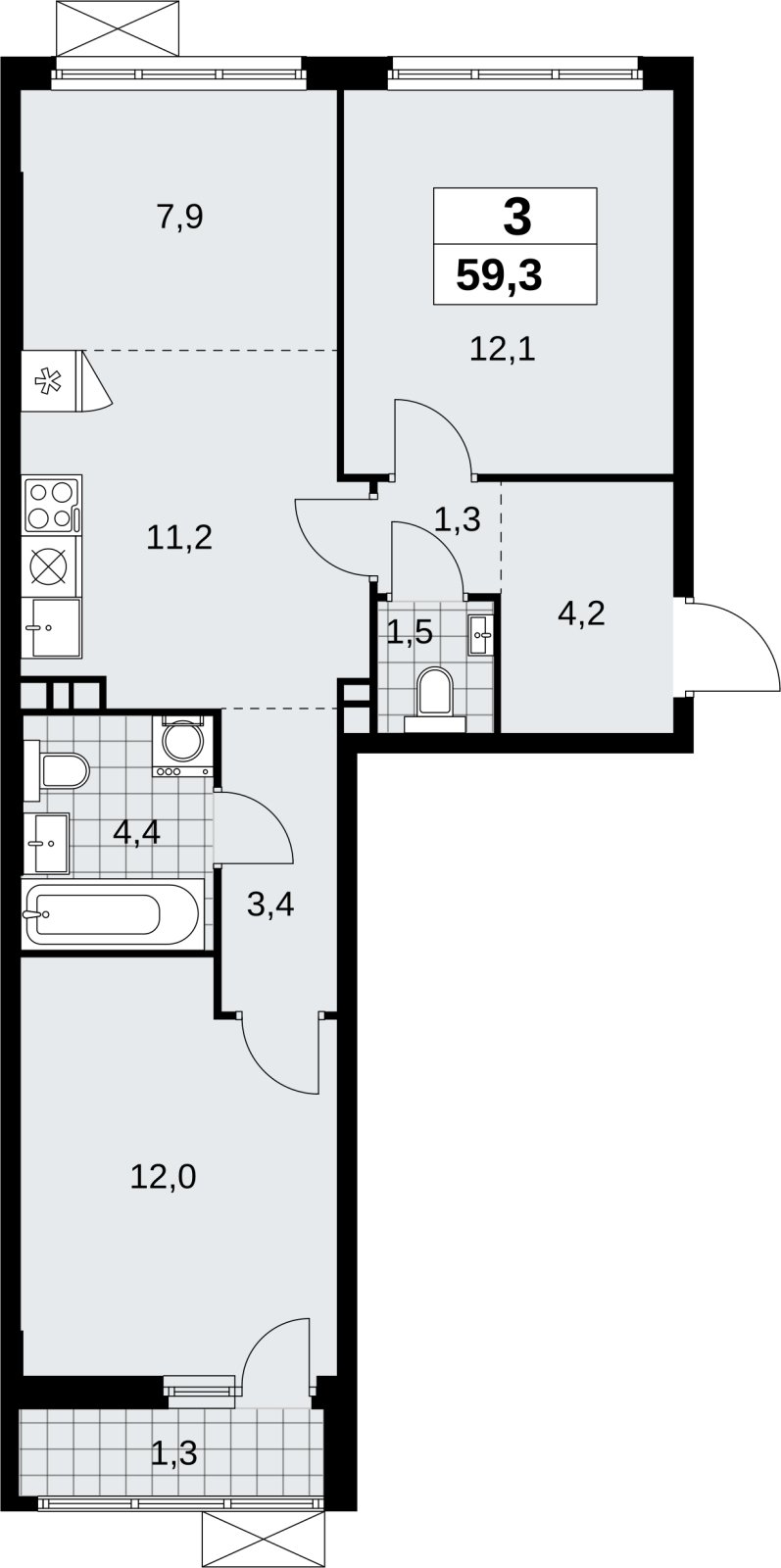 3-комнатная квартира (евро) без отделки, 59.3 м2, 3 этаж, сдача 4 квартал 2026 г., ЖК Скандинавия, корпус 2.18.2.5 - объявление 2351655 - фото №1