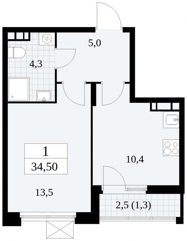 1-комнатная квартира с частичной отделкой, 34.5 м2, 8 этаж, сдача 4 квартал 2024 г., ЖК Скандинавия, корпус 2.27.4 - объявление 1840699 - фото №1