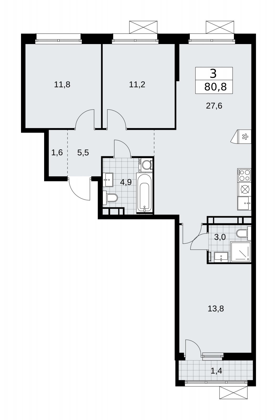 3-комнатная квартира без отделки, 80.8 м2, 9 этаж, сдача 2 квартал 2026 г., ЖК Скандинавия, корпус 25.4 - объявление 2284055 - фото №1