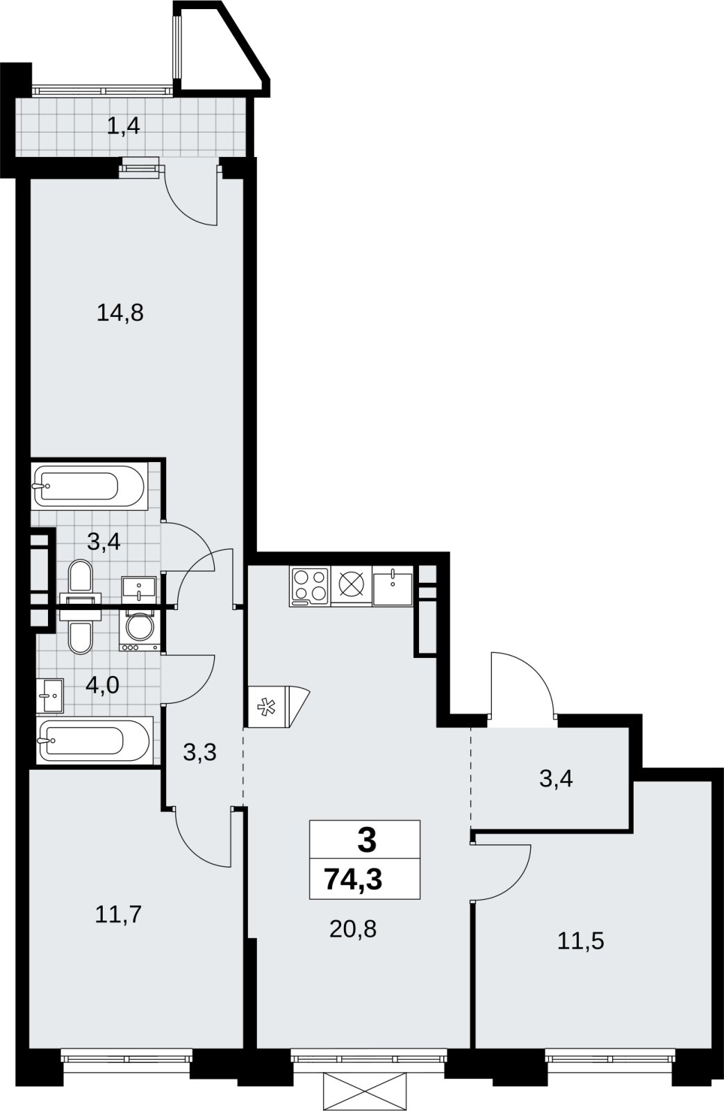 3-комнатная квартира без отделки, 74.3 м2, 11 этаж, сдача 1 квартал 2027 г., ЖК Прокшино, корпус 7.1.1 - объявление 2421857 - фото №1