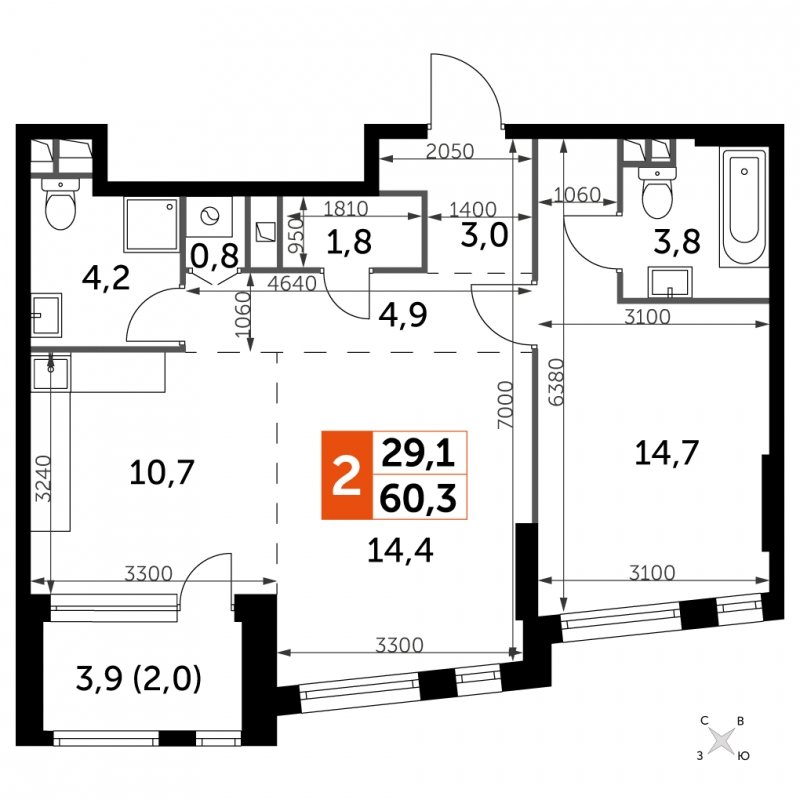 2-комнатная квартира с частичной отделкой, 60.3 м2, 6 этаж, сдача 4 квартал 2024 г., ЖК ROTTERDAM, корпус 2.3 - объявление 1940778 - фото №1