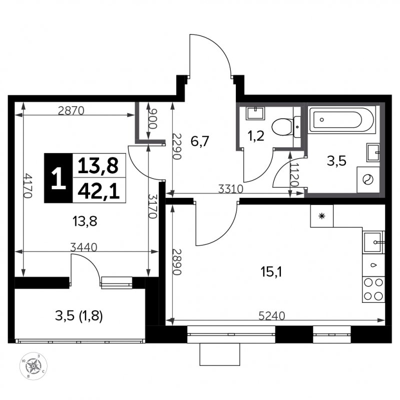 1-комнатная квартира с частичной отделкой, 42.1 м2, 14 этаж, сдача 3 квартал 2023 г., ЖК Южная Битца, корпус 11 - объявление 1898152 - фото №1