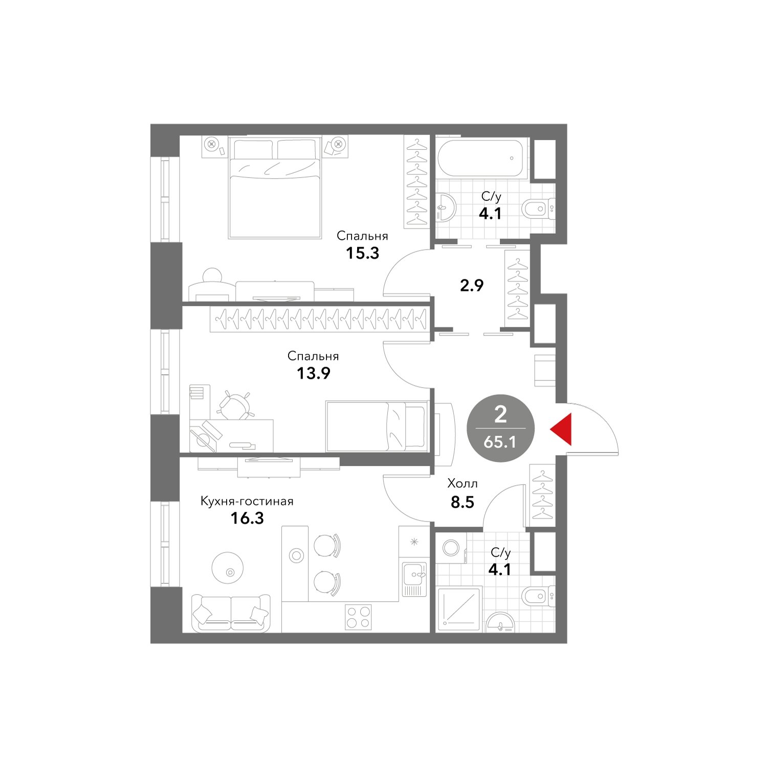2-комнатные апартаменты без отделки, 65.1 м2, 9 этаж, сдача 3 квартал 2025 г., ЖК VOXHALL, корпус 4 - объявление 1981758 - фото №1
