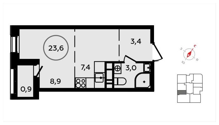 Студия с полной отделкой, 23.6 м2, 9 этаж, сдача 3 квартал 2024 г., ЖК Скандинавия, корпус 2.22.5 - объявление 1625814 - фото №1