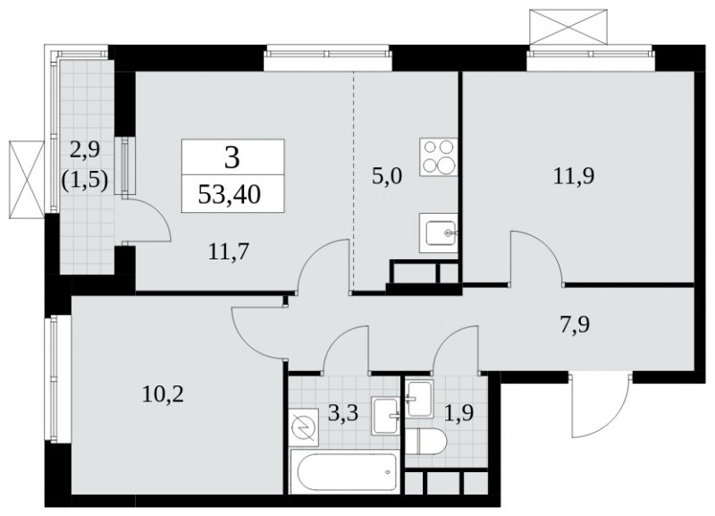 3-комнатная квартира (евро) с частичной отделкой, 53.4 м2, 7 этаж, сдача 2 квартал 2025 г., ЖК Прокшино, корпус 5.1.2 - объявление 1860072 - фото №1