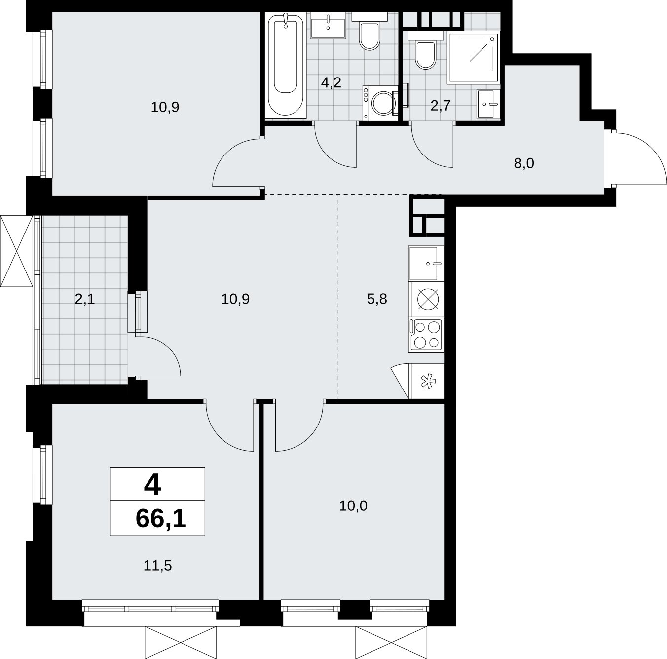 4-комнатная квартира (евро) без отделки, 66.1 м2, 10 этаж, сдача 4 квартал 2026 г., ЖК Скандинавия, корпус 2.18.1.3 - объявление 2350829 - фото №1