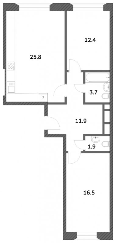 2-комнатная квартира с частичной отделкой, 72.19 м2, 23 этаж, сдача 4 квартал 2023 г., ЖК Городские истории, корпус 3 - объявление 1538068 - фото №1
