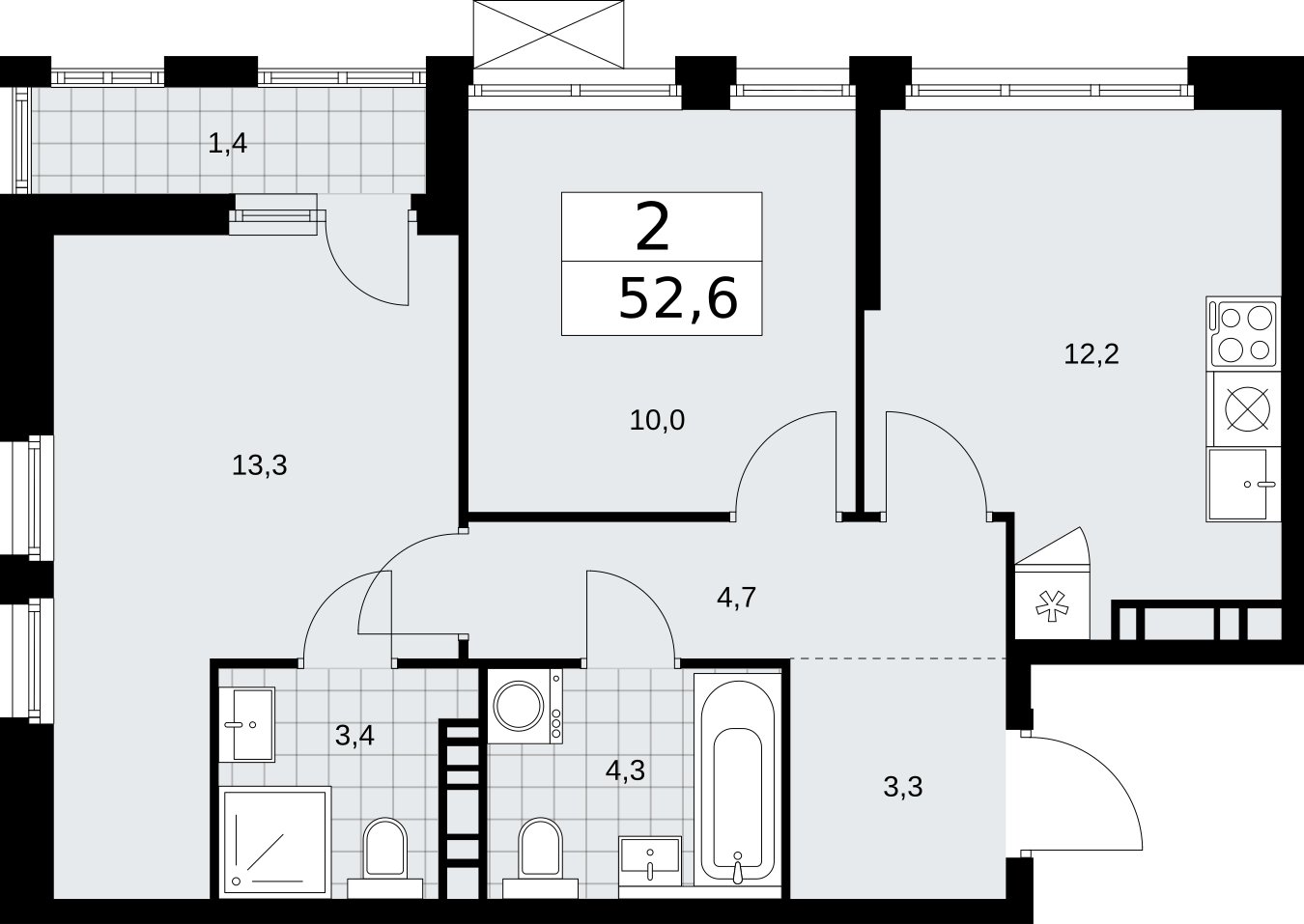 2-комнатная квартира без отделки, 52.6 м2, 10 этаж, сдача 2 квартал 2026 г., ЖК Бунинские кварталы, корпус 5.4 - объявление 2297715 - фото №1