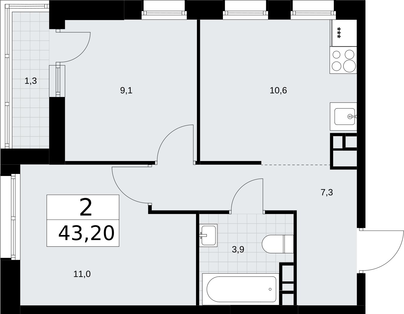 2-комнатная квартира (евро) без отделки, 43.2 м2, 9 этаж, сдача 3 квартал 2026 г., ЖК Родные кварталы, корпус 3.5 - объявление 2378737 - фото №1