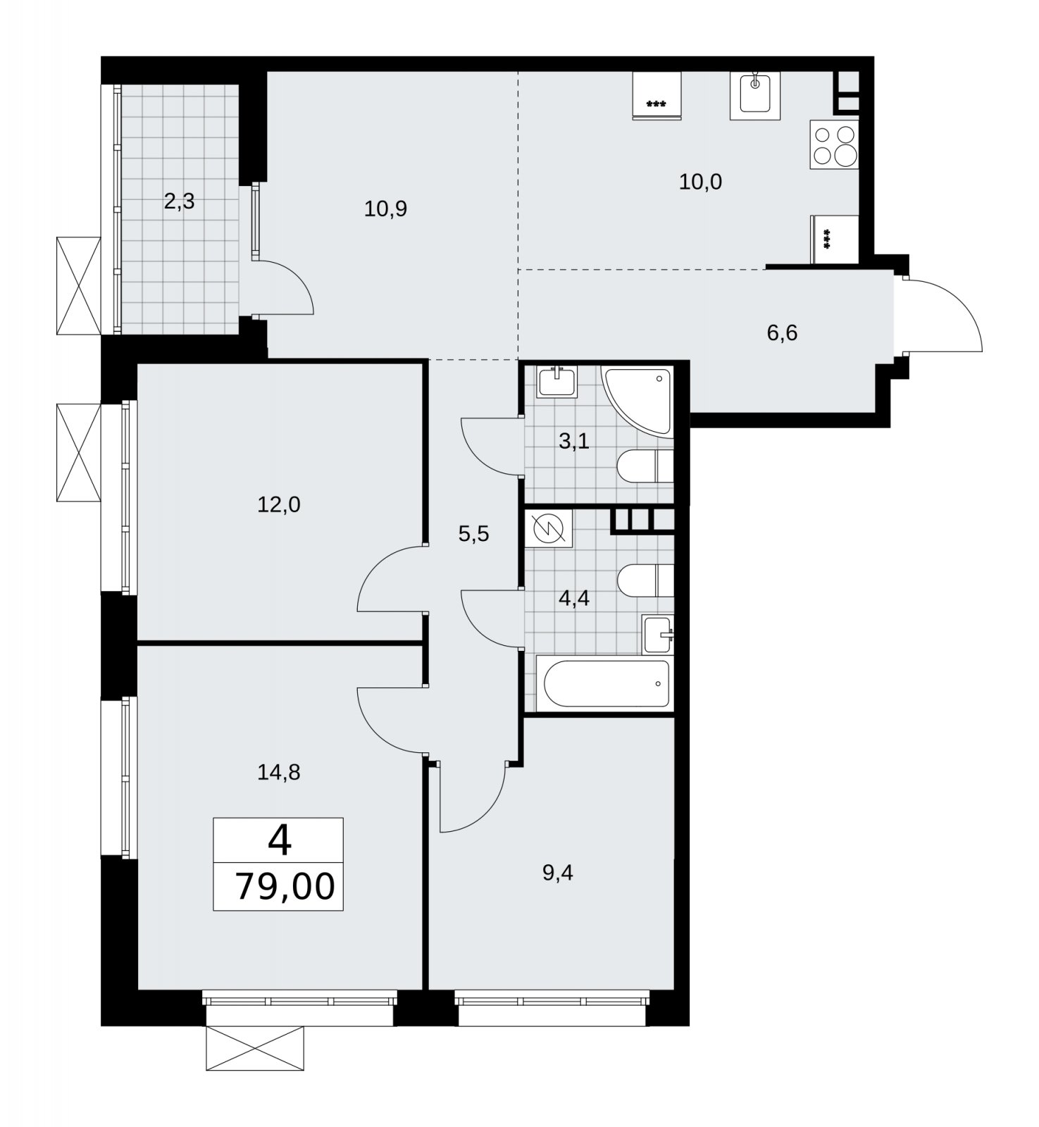 4-комнатная квартира (евро) с частичной отделкой, 79 м2, 3 этаж, сдача 4 квартал 2025 г., ЖК Бунинские кварталы, корпус 3.5 - объявление 2152121 - фото №1