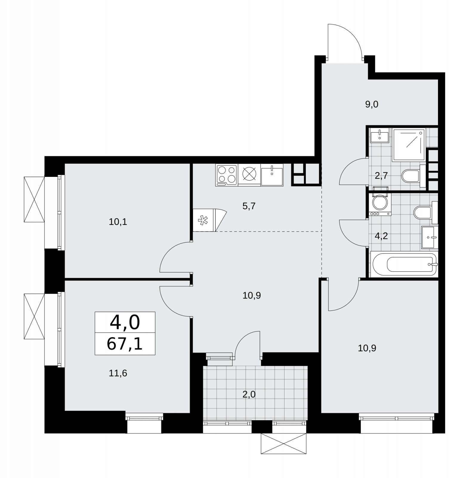 4-комнатная квартира (евро) с частичной отделкой, 67.1 м2, 12 этаж, сдача 1 квартал 2026 г., ЖК Бунинские кварталы, корпус 6.1 - объявление 2252448 - фото №1