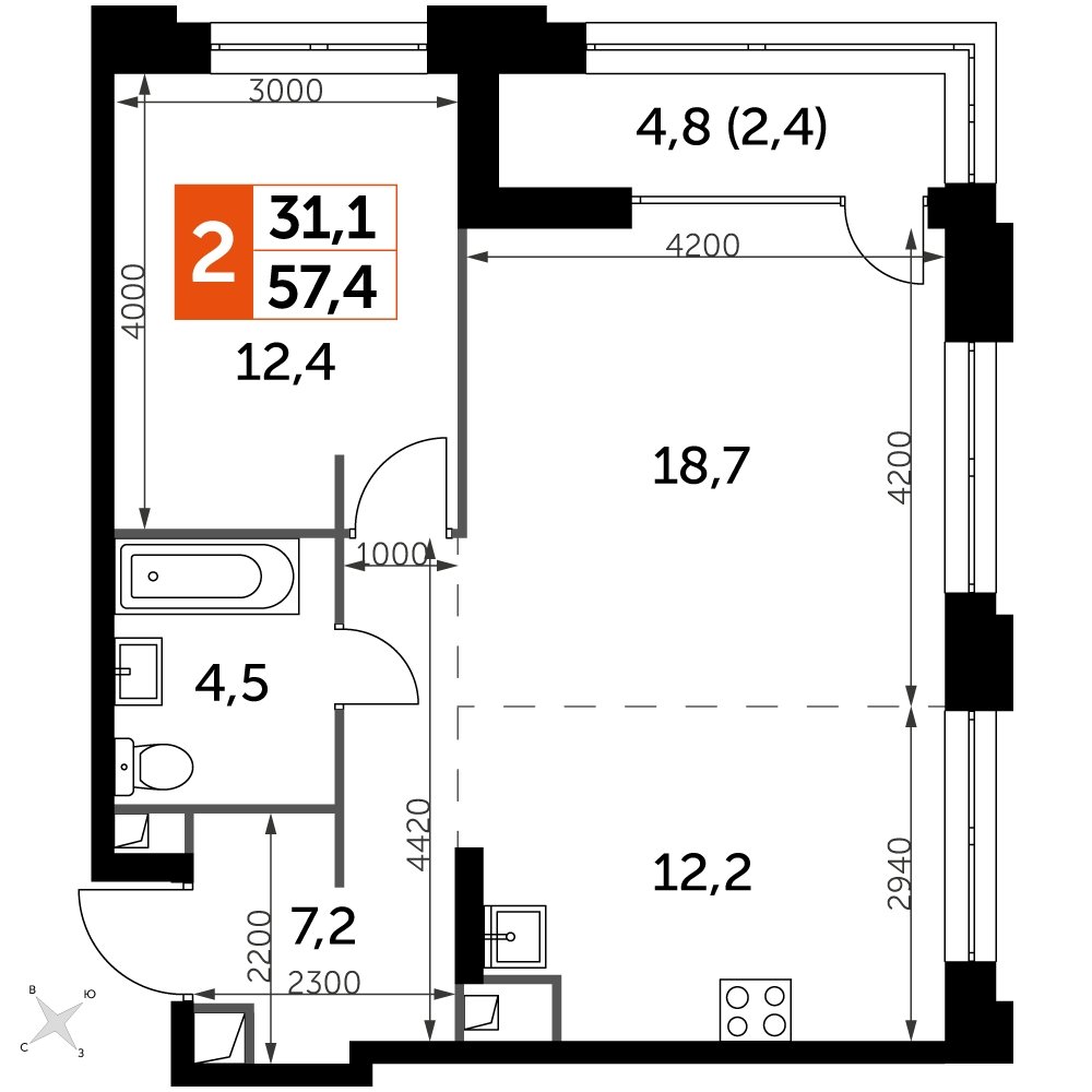 2-комнатная квартира с частичной отделкой, 57.4 м2, 20 этаж, дом сдан, ЖК Sydney City, корпус 2 - объявление 2212344 - фото №1
