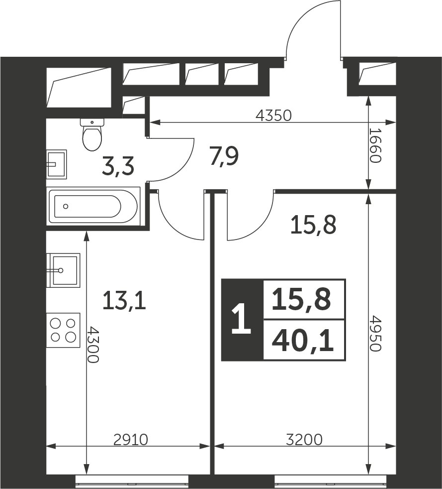 1-комнатная квартира с частичной отделкой, 40.1 м2, 22 этаж, сдача 4 квартал 2023 г., ЖК Архитектор, корпус 2 - объявление 2276272 - фото №1