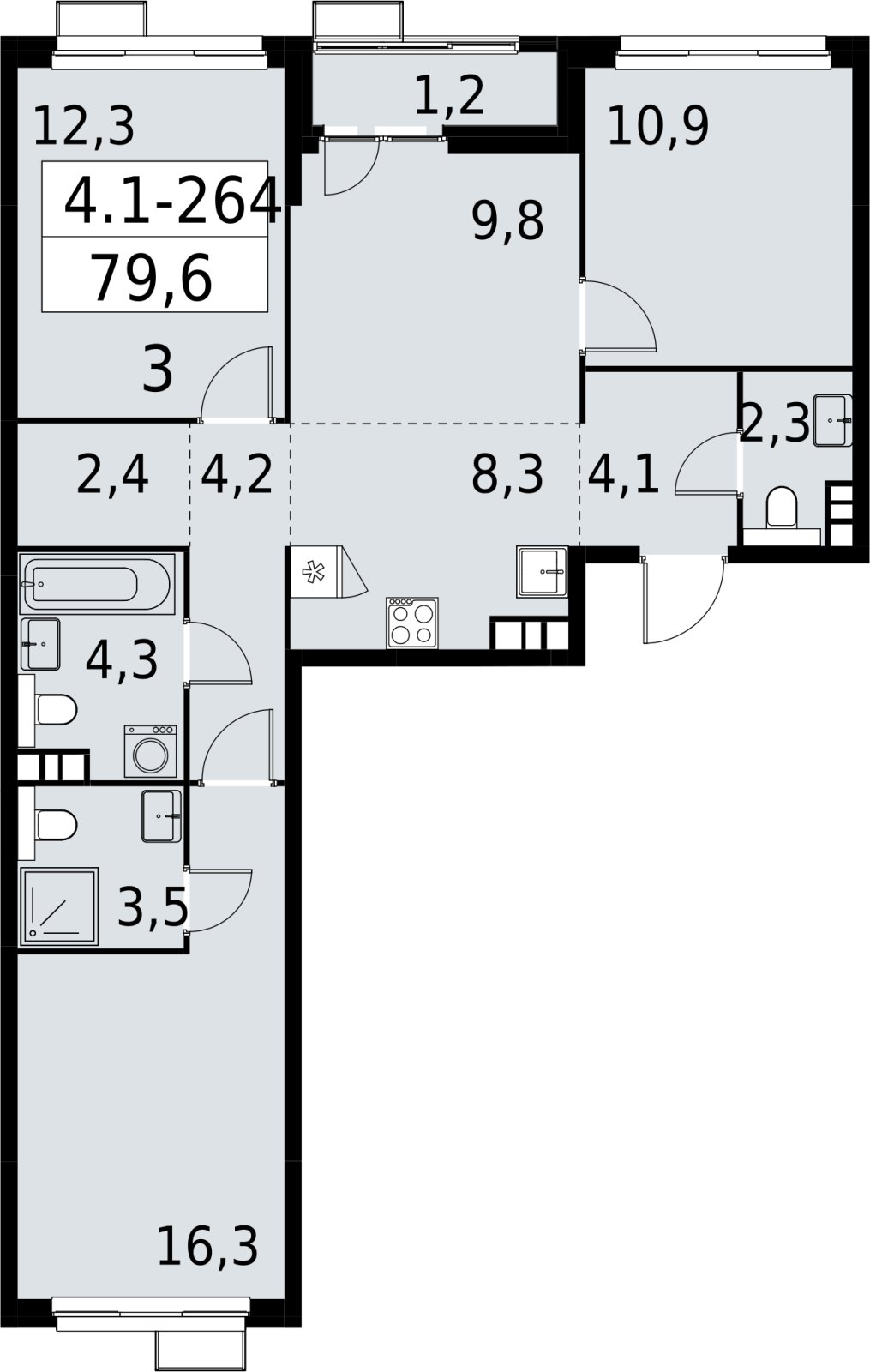 4-комнатная квартира (евро) с полной отделкой, 79.6 м2, 11 этаж, сдача 2 квартал 2027 г., ЖК Южные сады, корпус 4.1.2 - объявление 2392777 - фото №1