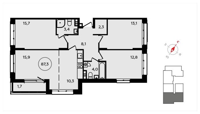 4-комнатная квартира (евро) с полной отделкой, 87.3 м2, 3 этаж, сдача 3 квартал 2024 г., ЖК Скандинавия, корпус 22.4 - объявление 1625640 - фото №1