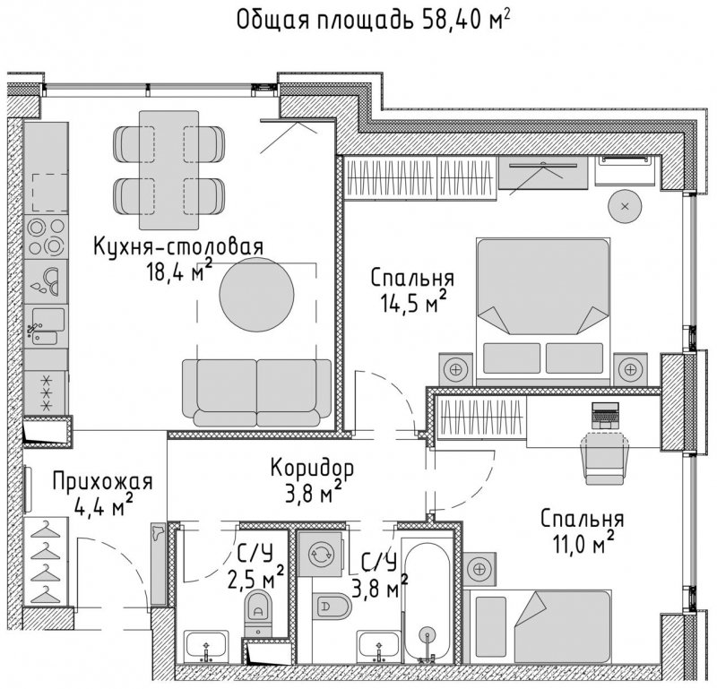 2-комнатная квартира с частичной отделкой, 58.38 м2, 2 этаж, сдача 2 квартал 2023 г., ЖК City Bay, корпус Indian Ocean 4 - объявление 1671476 - фото №1