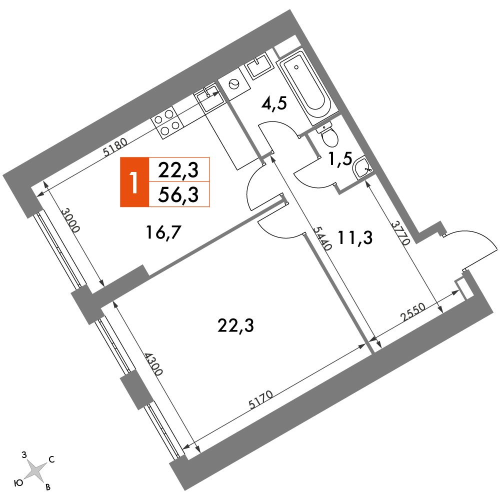 1-комнатная квартира с частичной отделкой, 56.3 м2, 24 этаж, дом сдан, ЖК Архитектор, корпус 3 - объявление 2384406 - фото №1