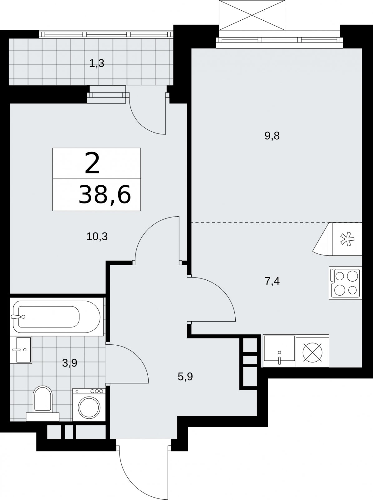 2-комнатная квартира (евро) с частичной отделкой, 38.6 м2, 4 этаж, сдача 2 квартал 2026 г., ЖК Бунинские кварталы, корпус 5.1 - объявление 2297005 - фото №1