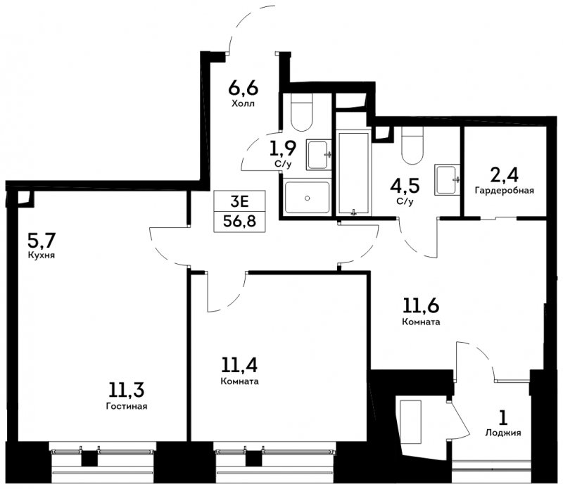 3-комнатная квартира без отделки, 56.8 м2, 11 этаж, сдача 4 квартал 2022 г., ЖК Квартал на набережной NOW, корпус 1.4 - объявление 1712974 - фото №1