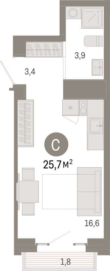 Студия с частичной отделкой, 25.7 м2, 6 этаж, сдача 3 квартал 2026 г., ЖК Квартал Метроном, корпус 1 - объявление 2330991 - фото №1