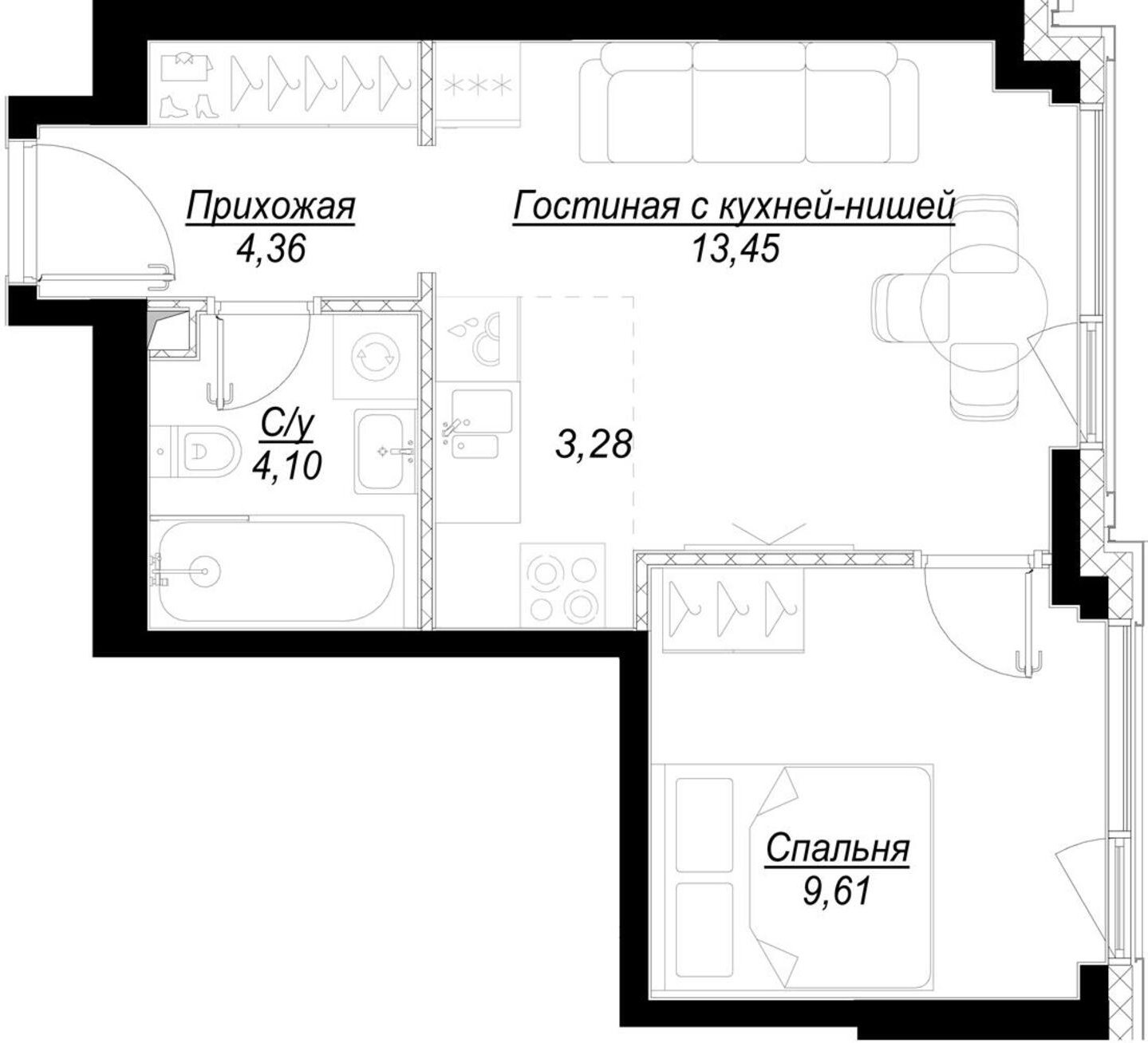 1-комнатная квартира с частичной отделкой, 34.8 м2, 14 этаж, дом сдан, ЖК Hide, корпус RiverSide - объявление 2192207 - фото №1