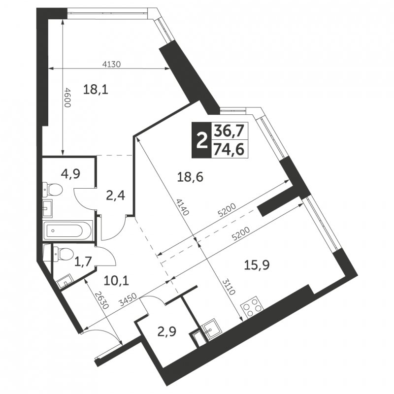 2-комнатная квартира без отделки, 74.6 м2, 38 этаж, сдача 4 квартал 2023 г., ЖК Архитектор, корпус 3 - объявление 1612635 - фото №1