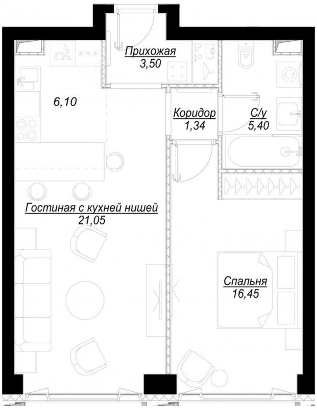 1-комнатная квартира с частичной отделкой, 53.8 м2, 2 этаж, сдача 1 квартал 2023 г., ЖК Hide, корпус WestDale - объявление 1707047 - фото №1