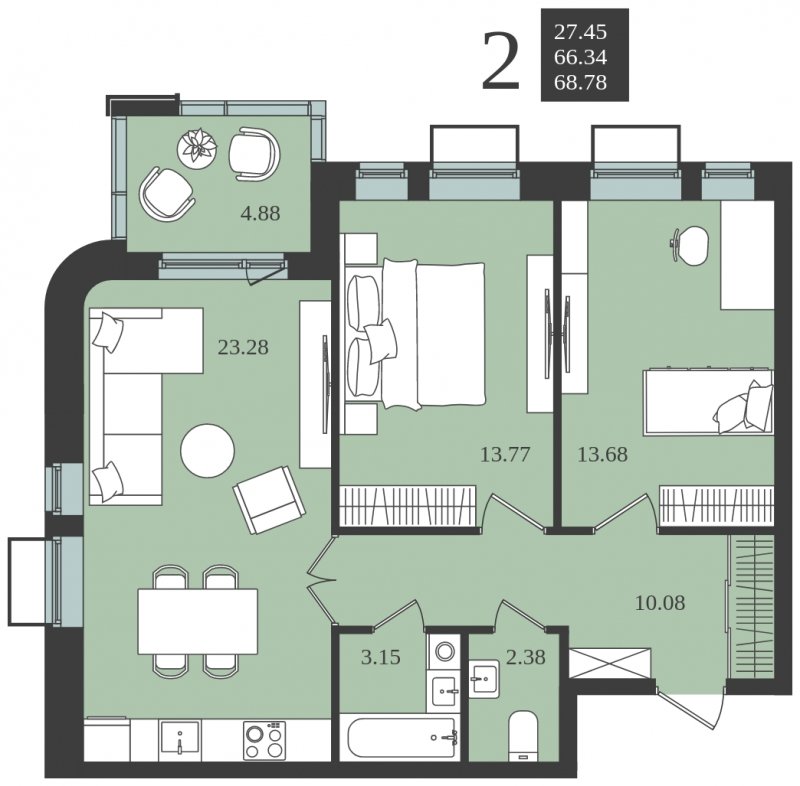 2-комнатная квартира без отделки, 68.78 м2, 3 этаж, сдача 1 квартал 2024 г., ЖК Мишино-2, корпус 10 - объявление 1748239 - фото №1