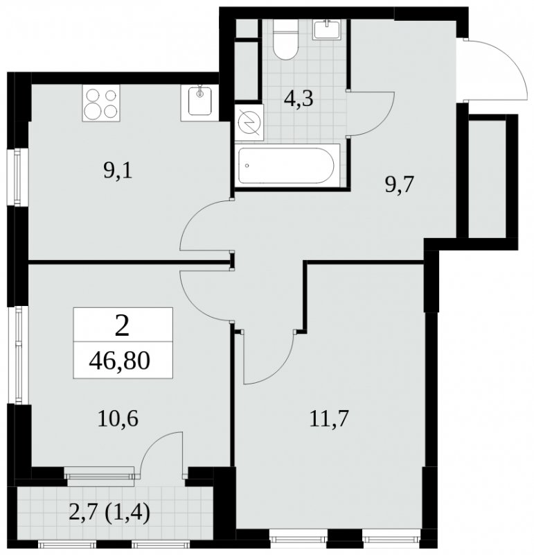 2-комнатная квартира без отделки, 46.8 м2, 9 этаж, сдача 2 квартал 2025 г., ЖК Южные сады, корпус 2.3 - объявление 1758322 - фото №1