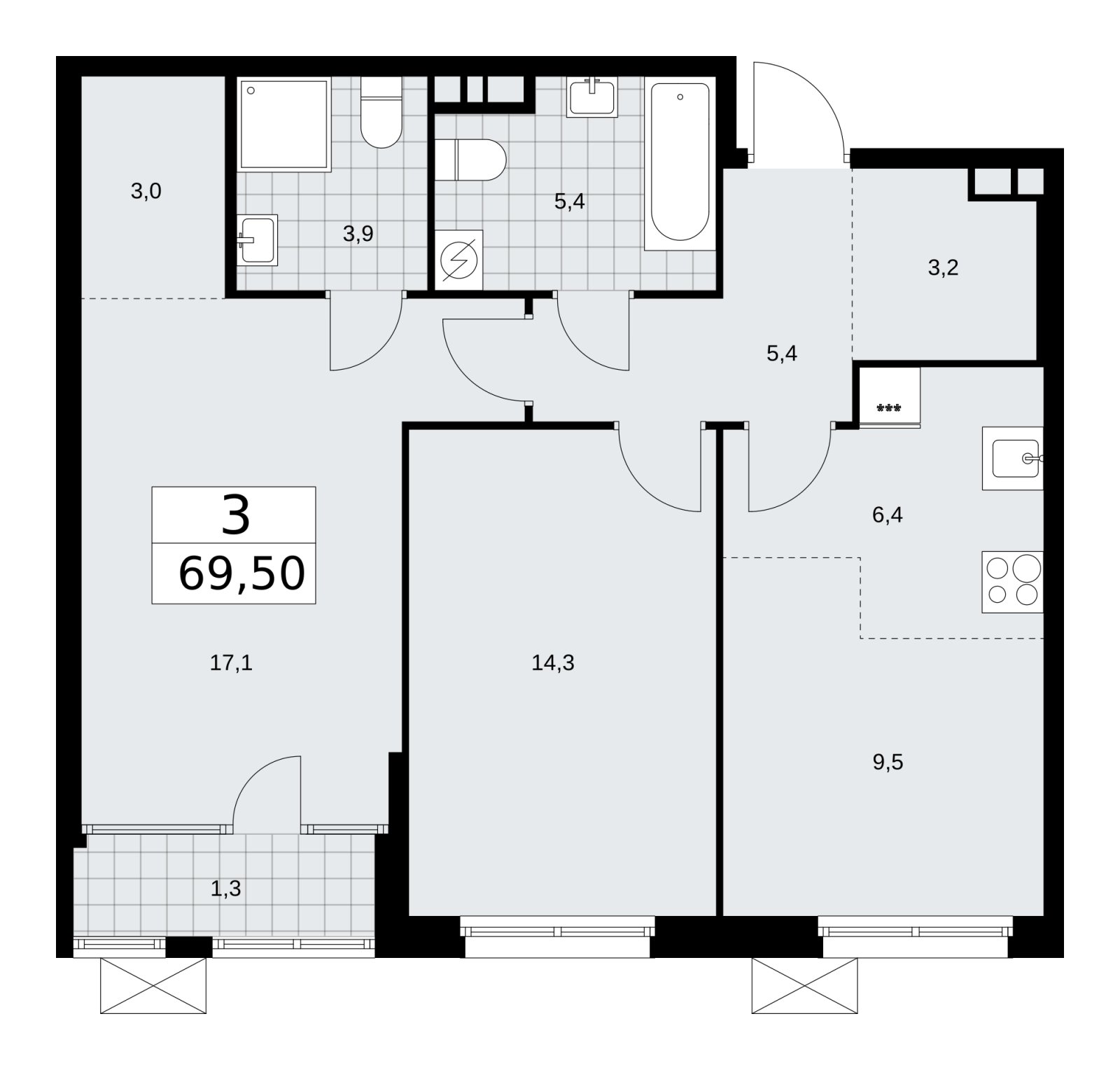 3-комнатная квартира (евро) с частичной отделкой, 69.5 м2, 5 этаж, сдача 1 квартал 2026 г., ЖК Дом на Зорге, корпус 25 - объявление 2221176 - фото №1