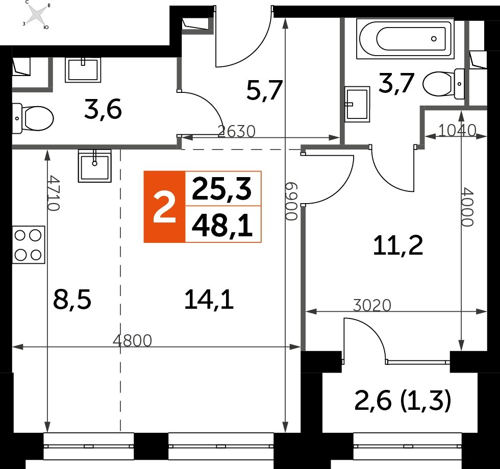 2-комнатная квартира с частичной отделкой, 48.1 м2, 8 этаж, дом сдан, ЖК Sydney City, корпус 1 - объявление 2238377 - фото №1