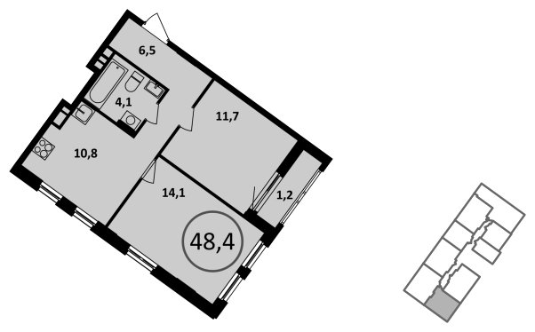 2-комнатная квартира без отделки, 48.4 м2, 11 этаж, сдача 4 квартал 2022 г., ЖК Испанские кварталы, корпус 5.4 - объявление 1409575 - фото №1