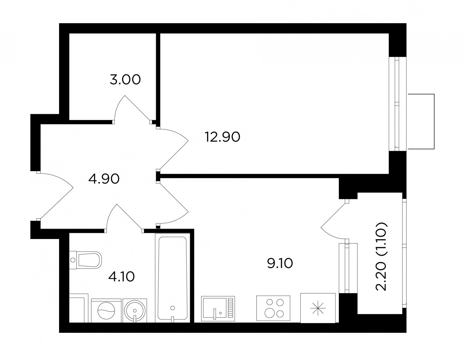 1-комнатная квартира без отделки, 35.1 м2, 11 этаж, сдача 1 квартал 2024 г., ЖК Миловидное, корпус 1 - объявление 2007703 - фото №1