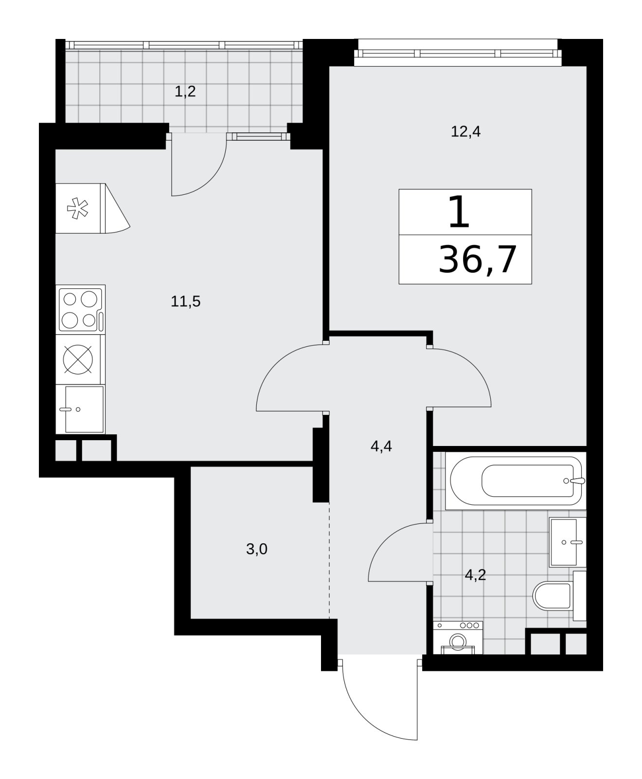 1-комнатная квартира с частичной отделкой, 36.7 м2, 11 этаж, сдача 2 квартал 2026 г., ЖК Деснаречье, корпус 4.4 - объявление 2264151 - фото №1