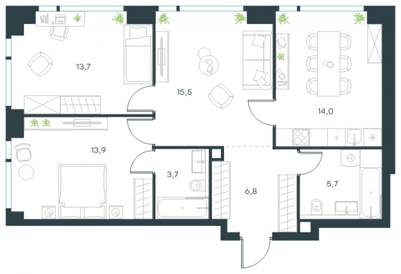 3-комнатная квартира с частичной отделкой, 73.3 м2, 16 этаж, сдача 4 квартал 2024 г., ЖК Level Мичуринский, корпус 5 - объявление 1770481 - фото №1