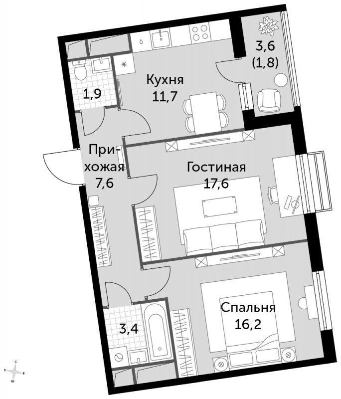 2-комнатная квартира без отделки, 60.2 м2, 6 этаж, сдача 3 квартал 2023 г., ЖК UP-квартал Римский, корпус 7 - объявление 1501404 - фото №1