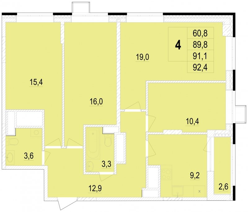 4-комнатная квартира без отделки, 91.1 м2, 25 этаж, сдача 1 квартал 2024 г., ЖК Отрадный, корпус 4 - объявление 1967097 - фото №1
