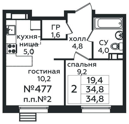 2-комнатная квартира с полной отделкой, 34.8 м2, 2 этаж, сдача 4 квартал 2025 г., ЖК Южное Бунино, корпус Я-18-19 - объявление 1744921 - фото №1
