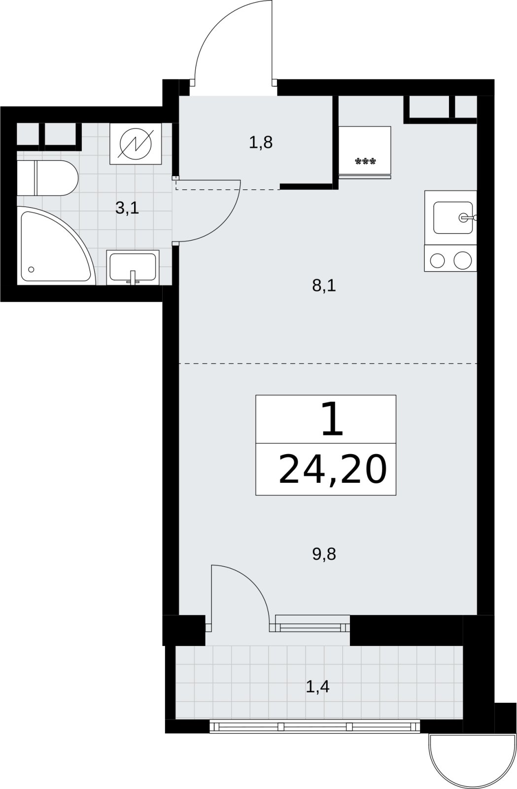 Студия с полной отделкой, 24.2 м2, 4 этаж, сдача 4 квартал 2026 г., ЖК Родные кварталы, корпус 3.2 - объявление 2378374 - фото №1