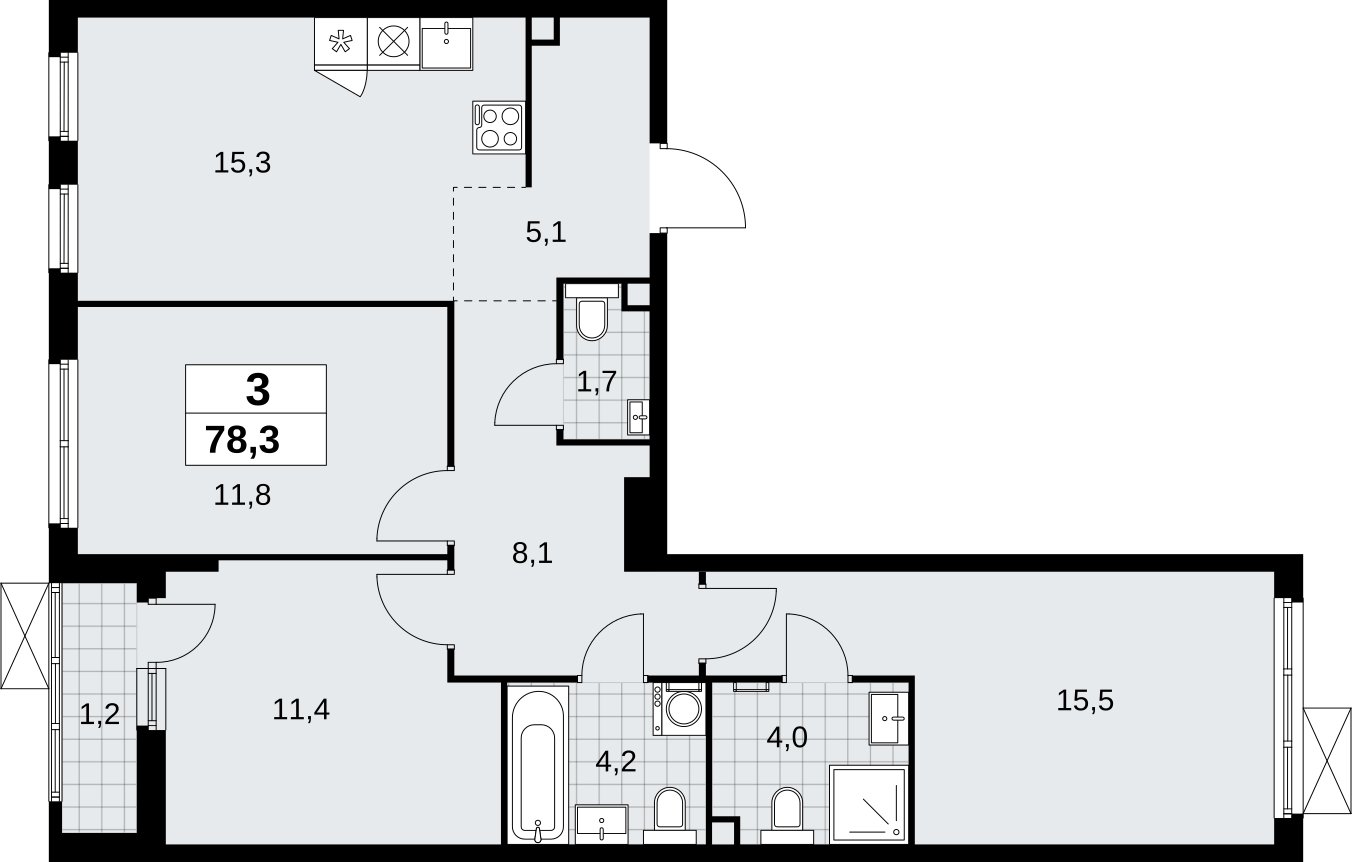 3-комнатная квартира без отделки, 78.3 м2, 2 этаж, сдача 1 квартал 2026 г., ЖК Дзен-кварталы, корпус 6.2.1 - объявление 2328447 - фото №1