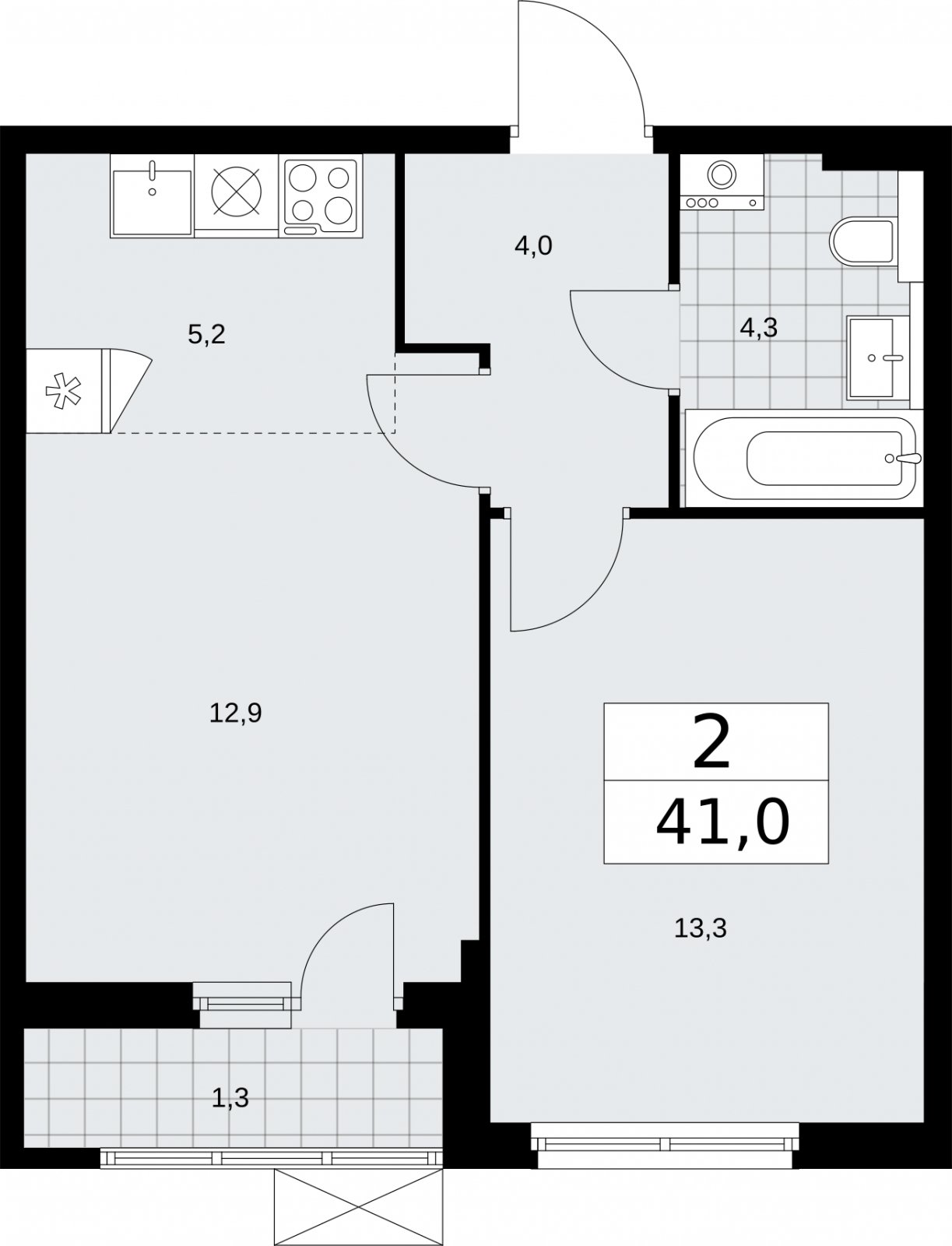 2-комнатная квартира (евро) без отделки, 41 м2, 3 этаж, сдача 2 квартал 2026 г., ЖК Бунинские кварталы, корпус 7.3 - объявление 2313942 - фото №1