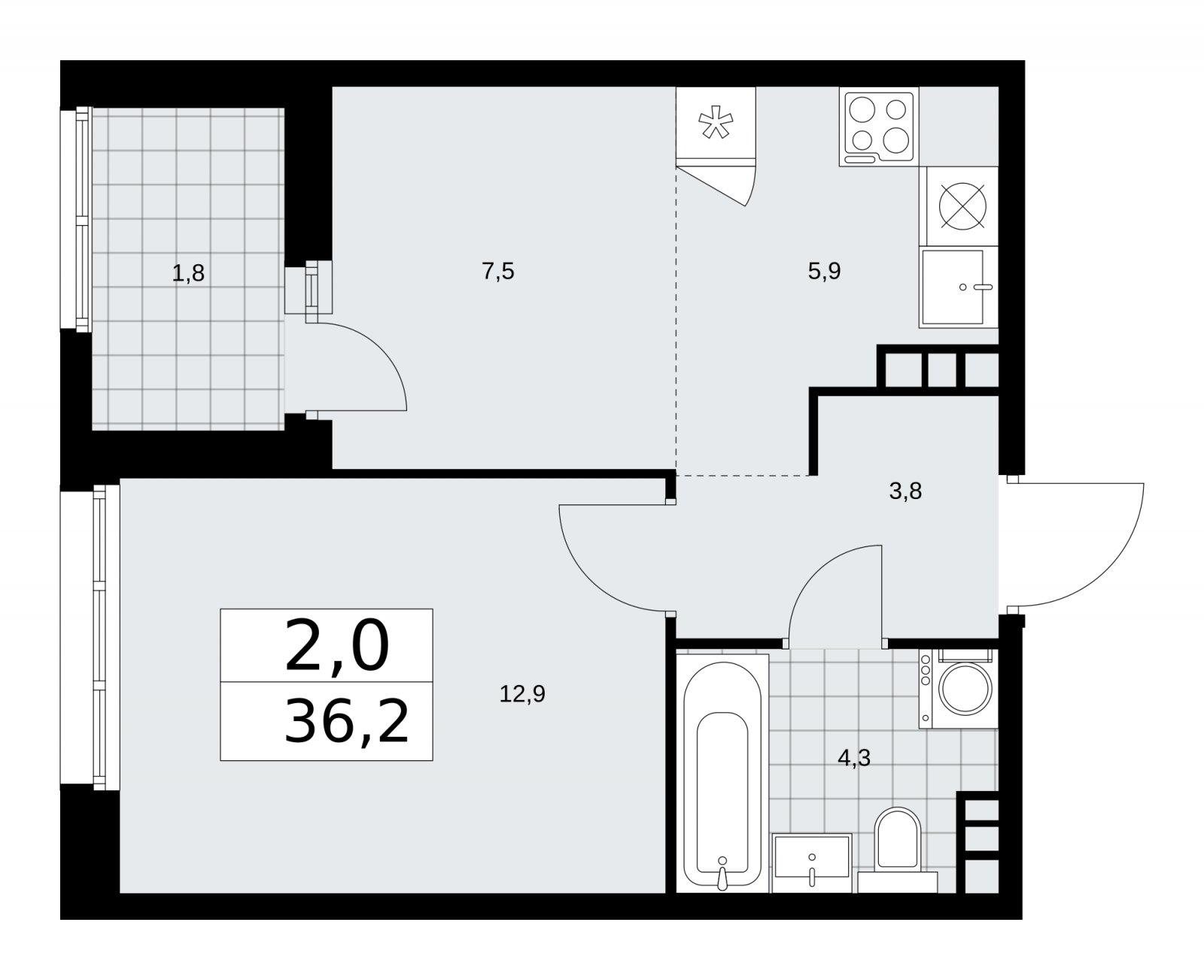 2-комнатная квартира (евро) без отделки, 36.2 м2, 13 этаж, сдача 1 квартал 2026 г., ЖК Дзен-кварталы, корпус 3.1 - объявление 2240891 - фото №1